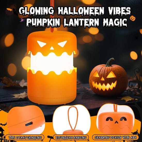 Namajunas - 2 Stusk Halloween pompoen nachtlampje - Met Draagkoord - Duw-trek schakelaar - Opvouwbaar - USB Oplaadbaar Nachtlamp - Sfeerlamp - Bedlampje - Decoratie voor Huis - Cadeaus - Voor Woonkamer & Slaapkamer - halloween decoratie van Namajunas — afbeelding 2