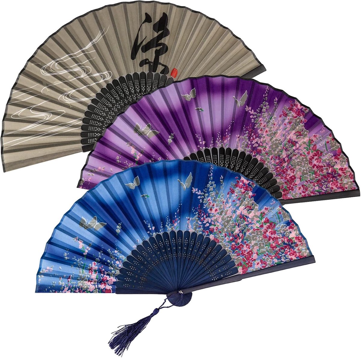TAIYOU 3 Pack Foldable Handheld Fans Chinese Style Silk Fabric Fans Hollow Carved Bamboo Fans With Tassel Decorative - ShopVlot