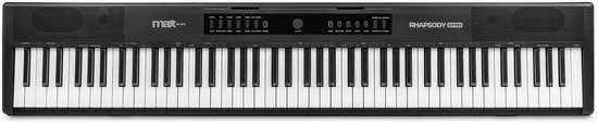 Zwart MAX RhapsodyDP88S digitaal piano keyboard met 88 witte en zwarte toetsen, bedieningspaneel aan de bovenkant.