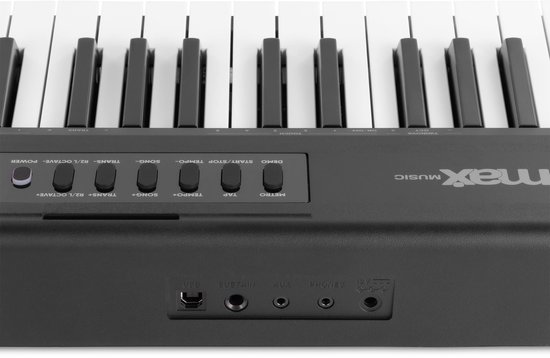 Detail van het bedieningspaneel en de toetsen van het zwarte MAX RhapsodyDP88S digitale piano keyboard.