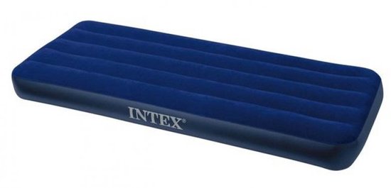 Blauw Intex luchtbed met 'INTEX' logo en horizontale ribbels.