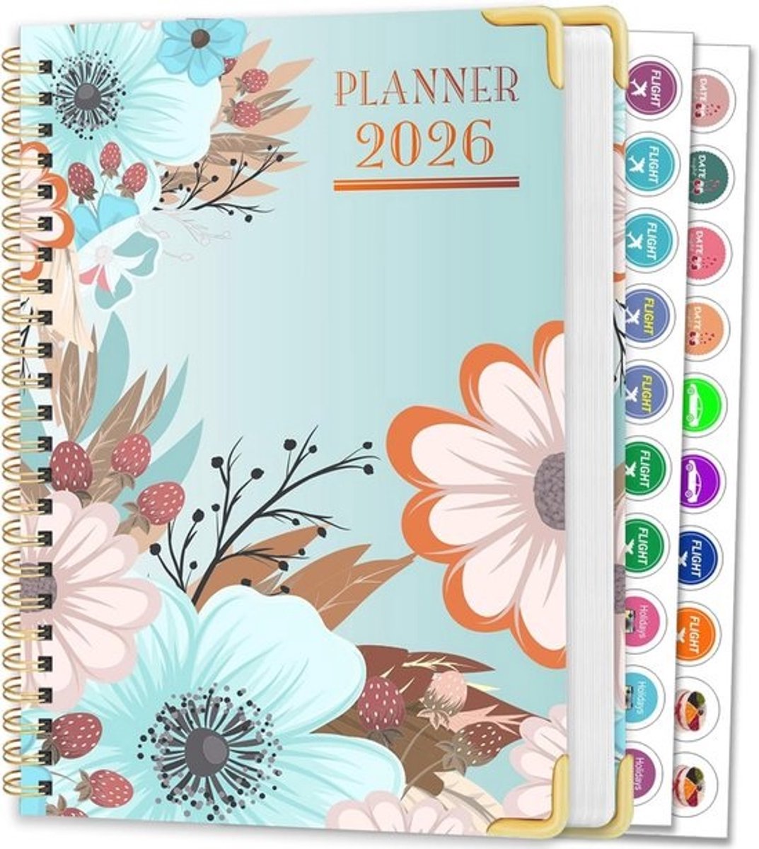 Planner 2026 - Hardcover week- en maandplanner - Met bloemontwerp - Met notitiepagina’s en stickers