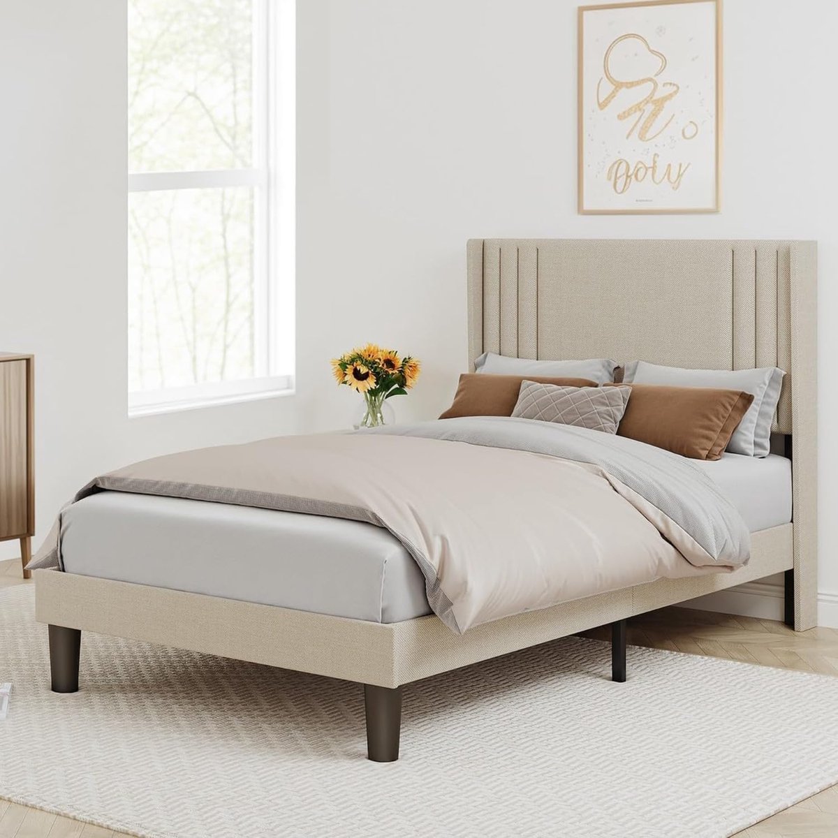 Bedframe 120 x 200 cm met spiraalbodem en stoffen hoofdeinde - stevig houten en metalen frame voor slaapkamer of tienerkamer (Beige) | Industrohome