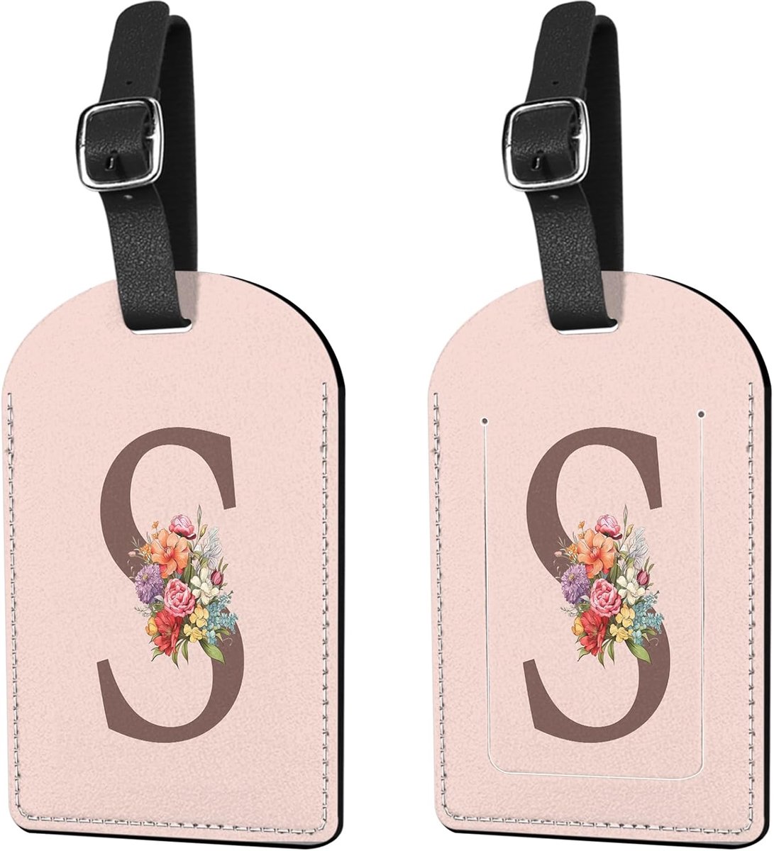 2 Pack Initial Letter Luggage Tag Monogram Suitcase Tags PU Leather Cover Aesthetic Cute Monogram Travel Bag Labels - ShopVlot