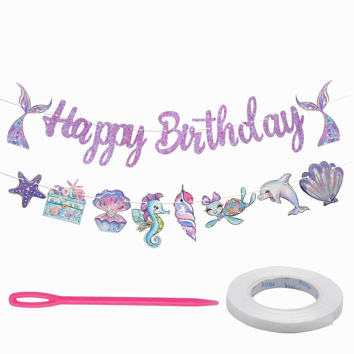 Feestelijke Versiering voor Verjaardag met Zeemeermin Thema, Set van 2 Vlaggen en Hangdecoraties voor Onderwater Wereld, Perfect voor Kinderfeestjes