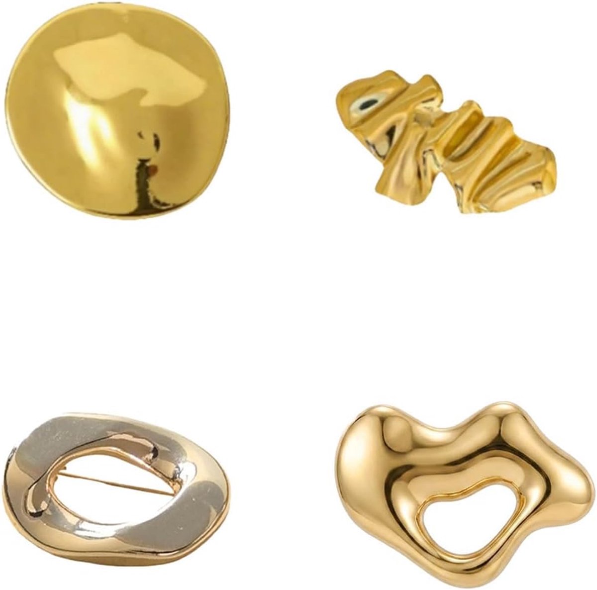Broches, elegante vintage stijl, hoogwaardig, inclusief ronde broche in goud, vloeiende broche in goud en 2 onregelmatige ringen in goud en zilver, voor jassen, blazers en truien