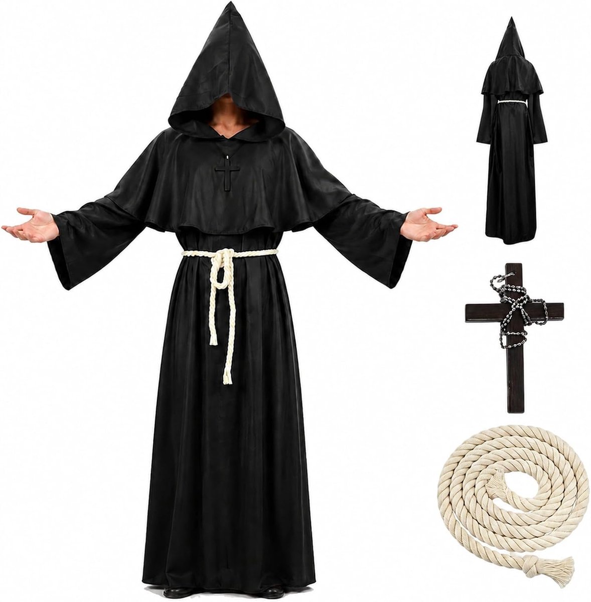 Monnikenkostuum voor heren en dames, middeleeuws monnikenkostuum met capuchon, gewaad, voor carnaval, Halloween, cosplay en themafeest