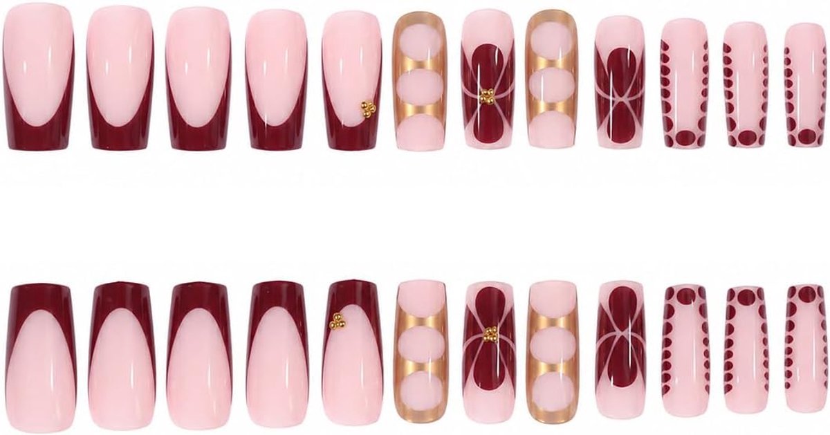 24 stuks kunstnagels met gouden parels, doordvorm met bordeauxkleurige frankpunt, decoraties van bloemen en gouden parels, acryl, herbruikbaar