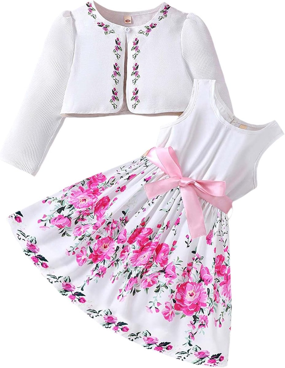 Bloemenjurk voor meisjes, lente- en zomeroutfit, tweedelige set voor peuters met vest en jurk met bloemenprint