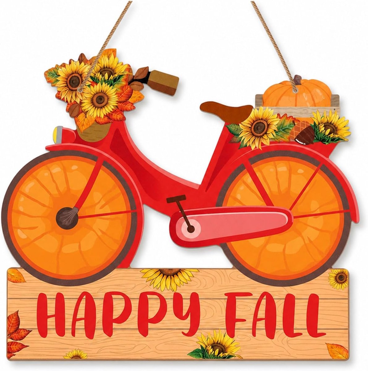 Houten deurhanger herfst decoratie, Hallo Herfst deurbord met fiets en bloemen motief, houten decoratie voor voordeur muur raam in landelijke stijl, seizoensgebonden woonaccessoires en