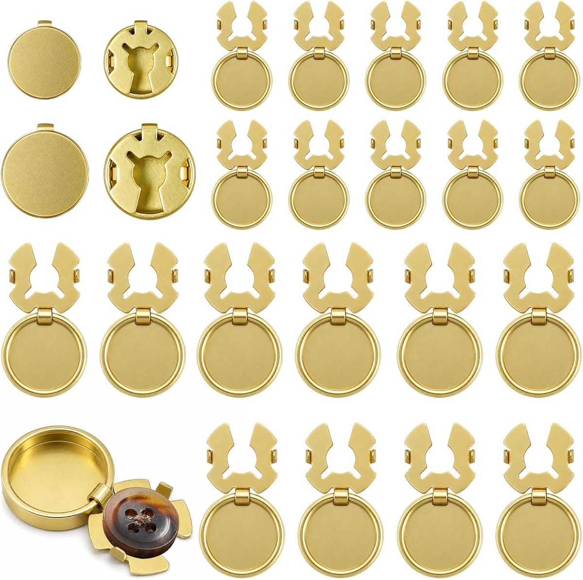 24 stuks blanco clip-on knoophoezen, 18 & 15 mm rond messing overhemd knoopafdekkingen, afneembare clip voor dames en heren, formele dagelijkse kleding doe-het-zelf accessoires (goud)
