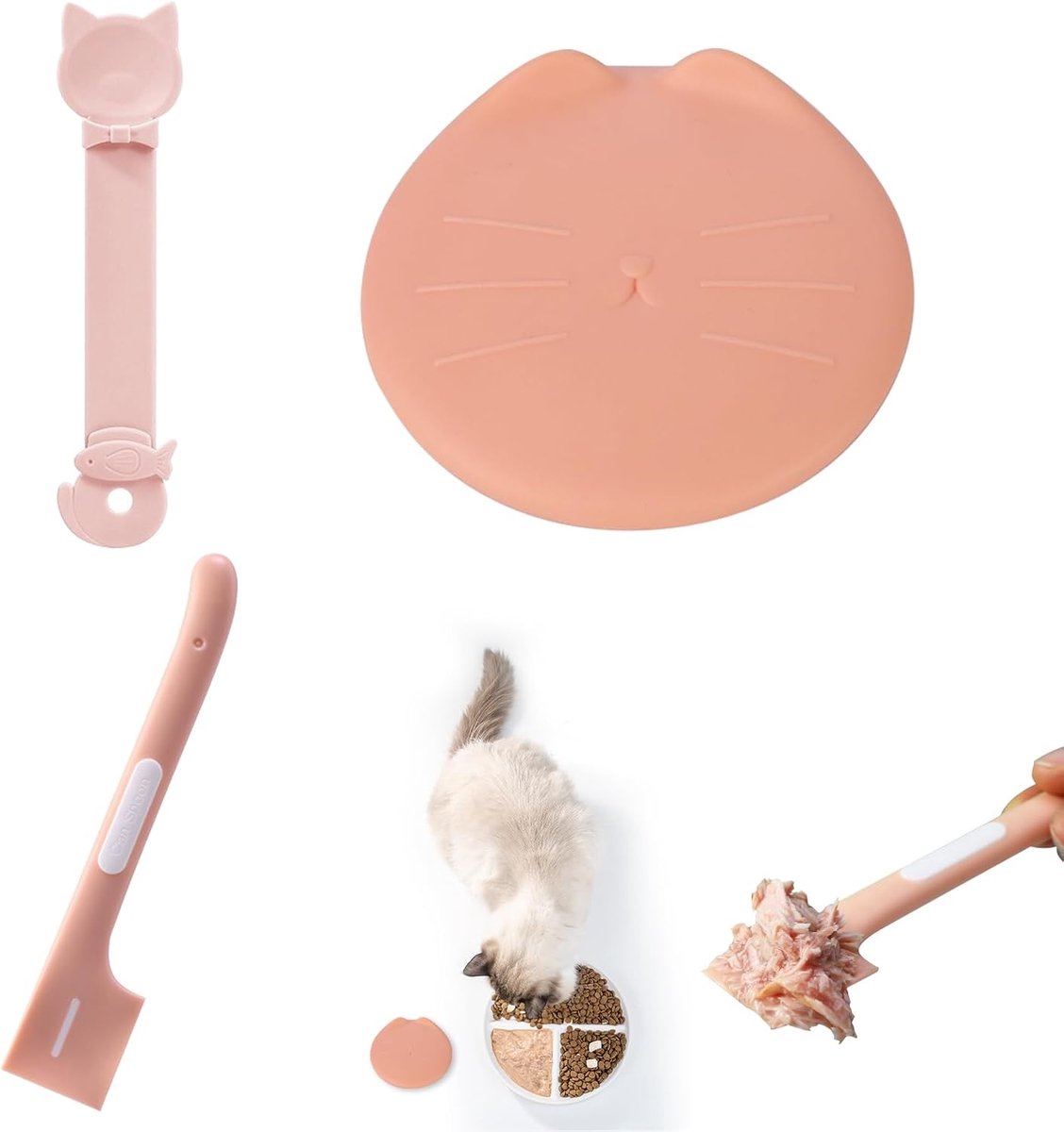 3 stuks kattenbenodigdheden, roze lepel voor nat voer en puree, deksel voor blikjes, kattentraktatie-dispenser, lepel voor snacks, praktische accessoires voor het dagelijkse voeden van katten