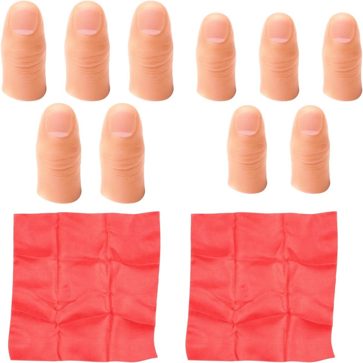 12-delige tovertrucs set met duimpunten en zijden doeken, vingertrick-accessoires voor toveruitvoeringen, bevat grote en kleine maten