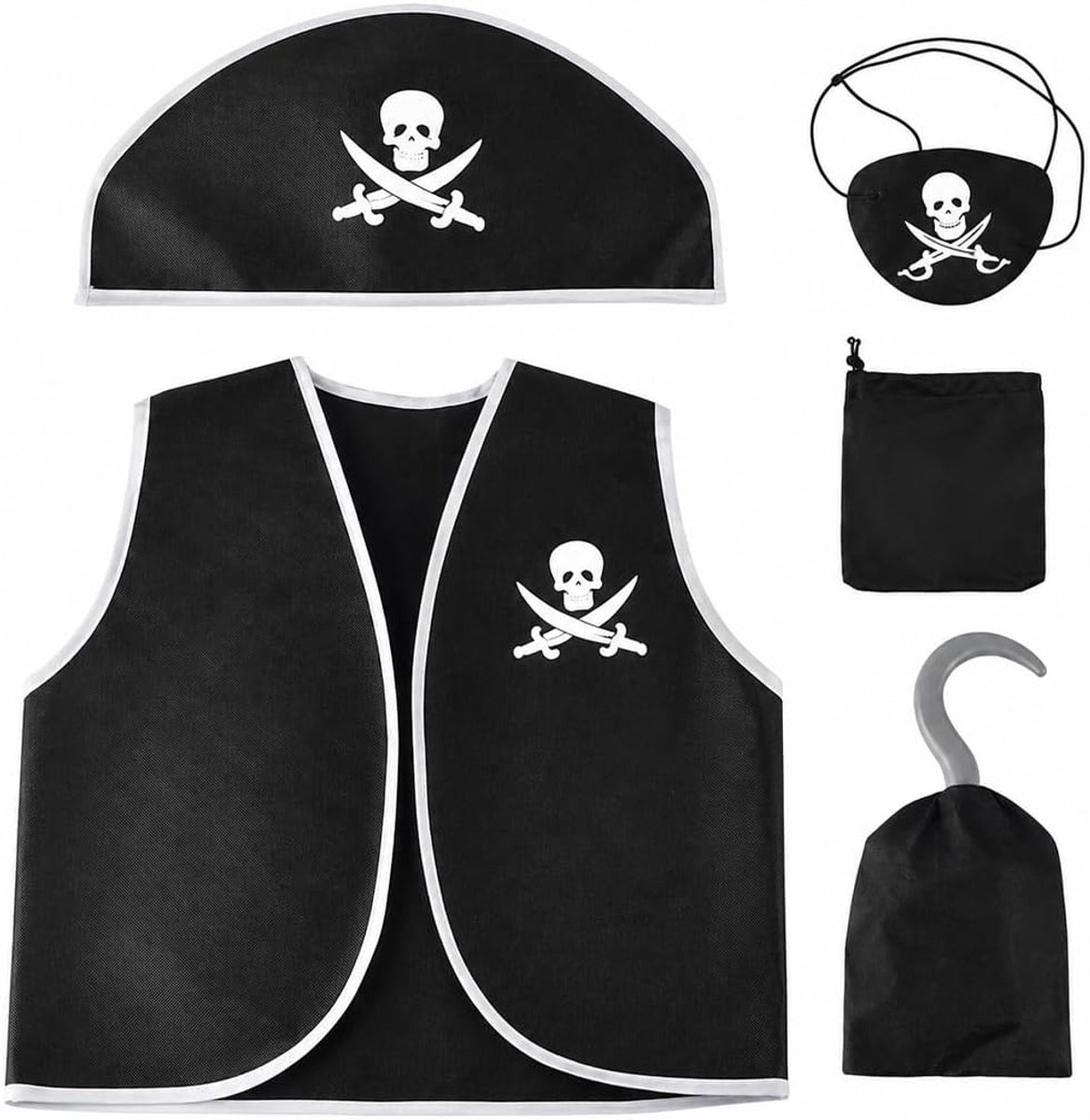 Piratenkostuum voor kinderen, 5 stuks, piratenkostuum met vest, hoofddoek, oogklep, zakken, haken, piraten-designaccessoires voor carnaval, cosplay, party, Halloween, kinderverjaardag