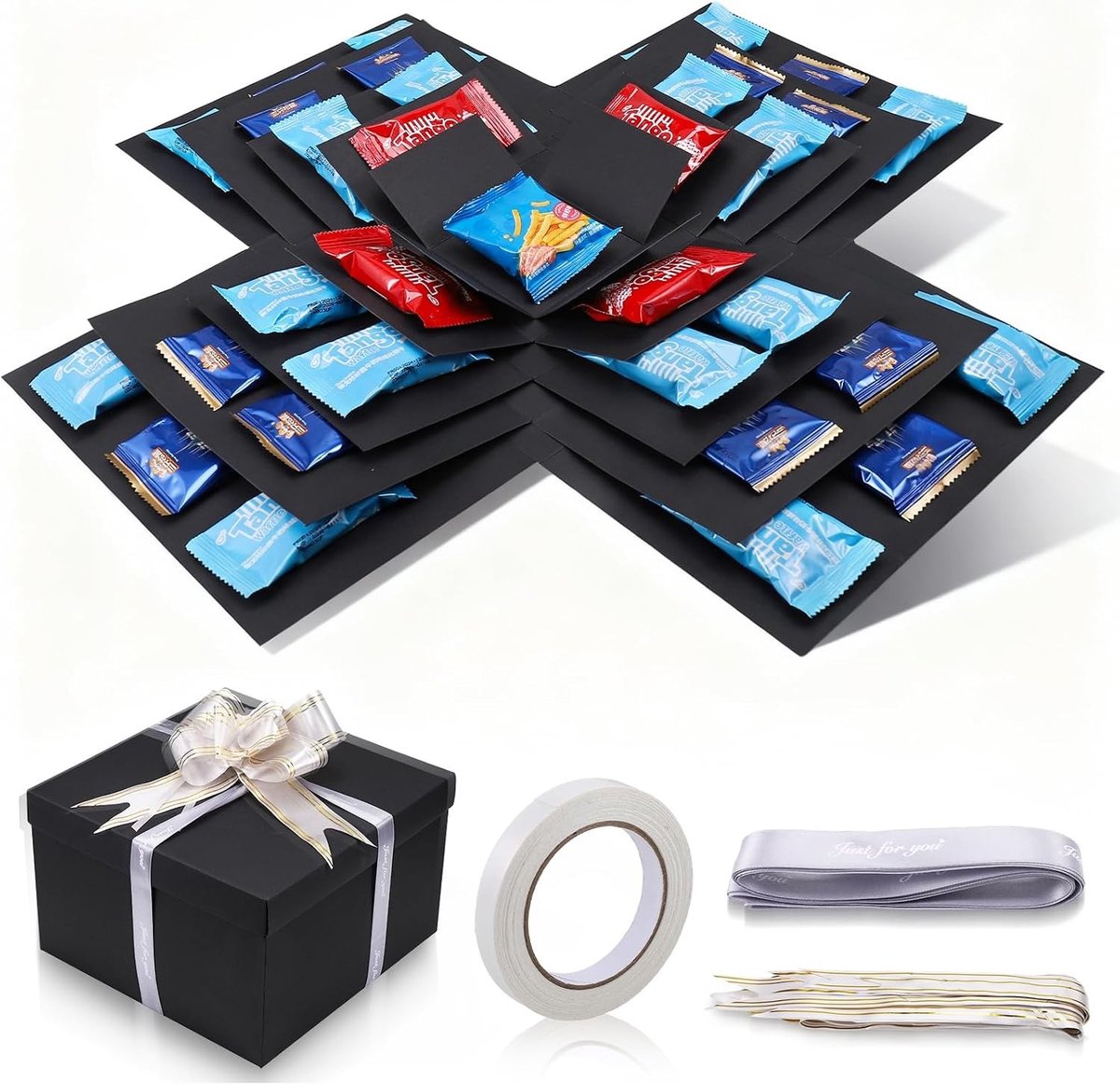 Creatieve 5-lagen geschenkdoos voor verjaardag, Valentijnsdag en bruiloft, herbruikbare explosiedoos met plakband en band, zwart, ideaal voor snacks en cadeaus