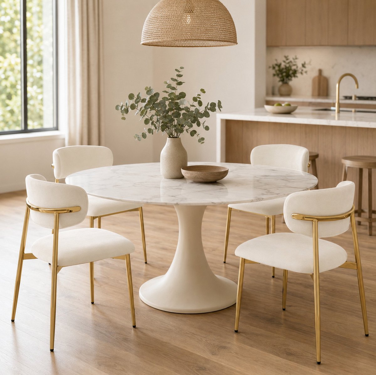 MIVRAY Eetkamerstoelen Set van 4 - Gestoffeerde Zitting Rugleuning - Polyester - Wit