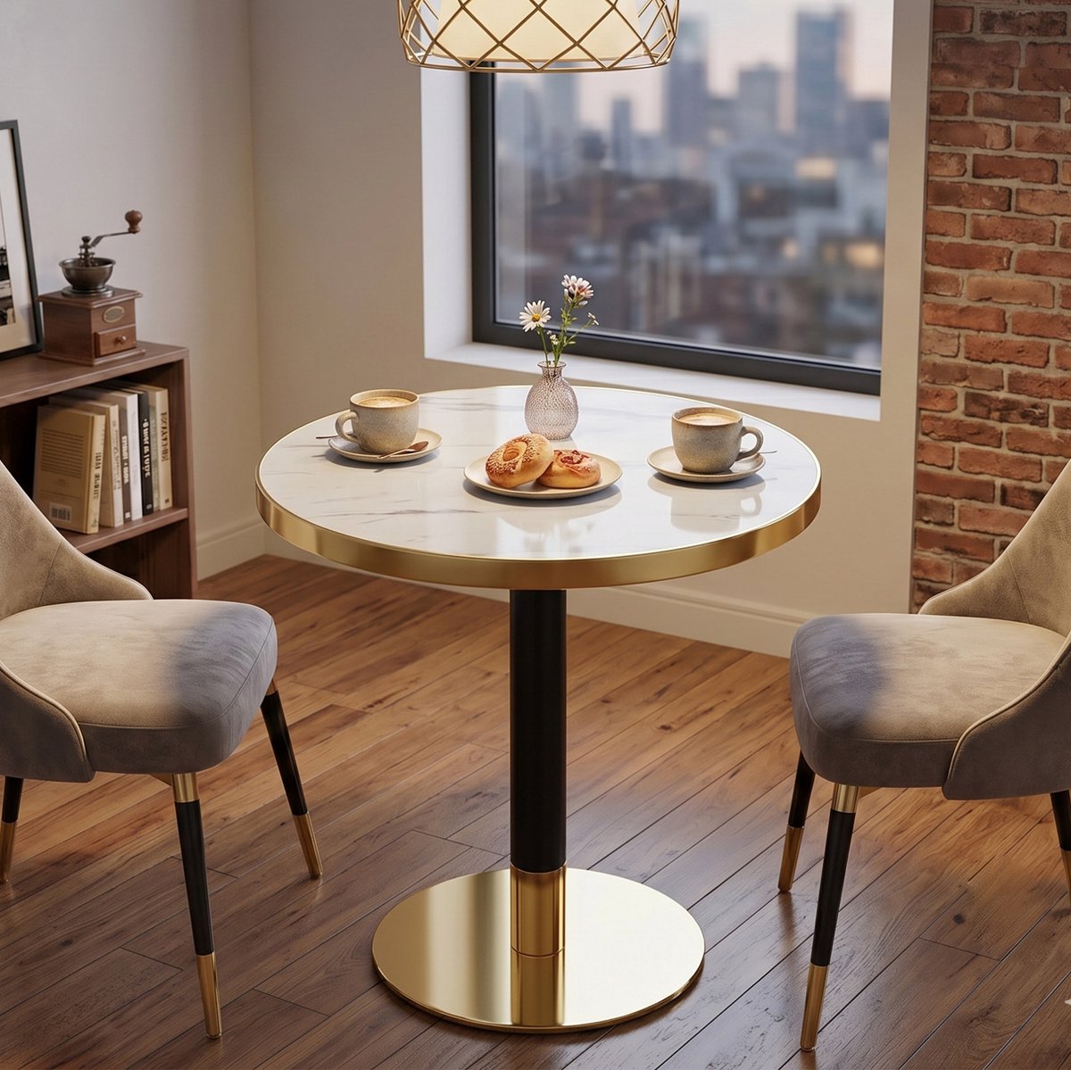 Wishdor Ronde bijzettafel - Marmerlook tafelblad - Gouden rand - Stabiel metalen onderstel - Moderne stijl - Woonkamer slaapkamer balkon - MDF en metaal - Wit - Ø 60 x H 73,7 cm