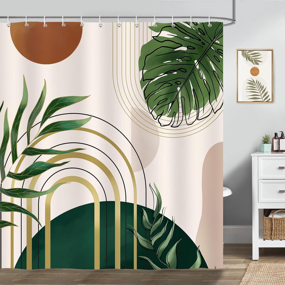 Douchgordijn 180x180cm - Boho Bladeren - Abstract Modern Design - Waterdicht en Wasbaar - ShopVlot