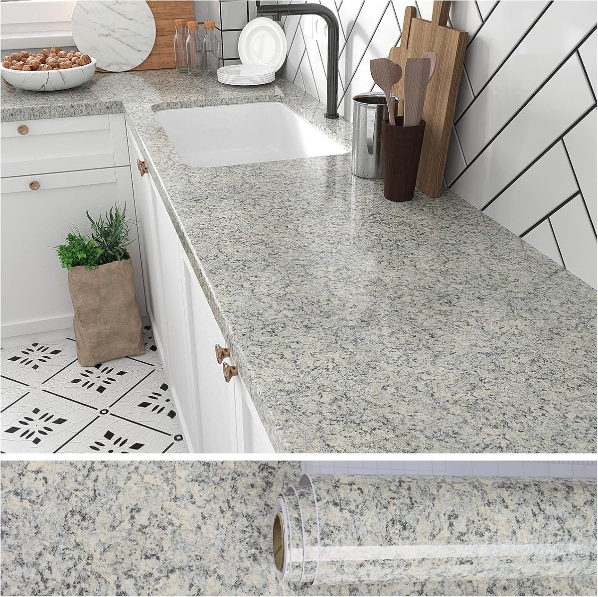 VEELIKE Self Adhesive Paper Granite Grey Wallpaper Marble Effect Self Adhesive Film for Kitchen Splash Guard Wall Sticker Waterproof Adhesive Film for