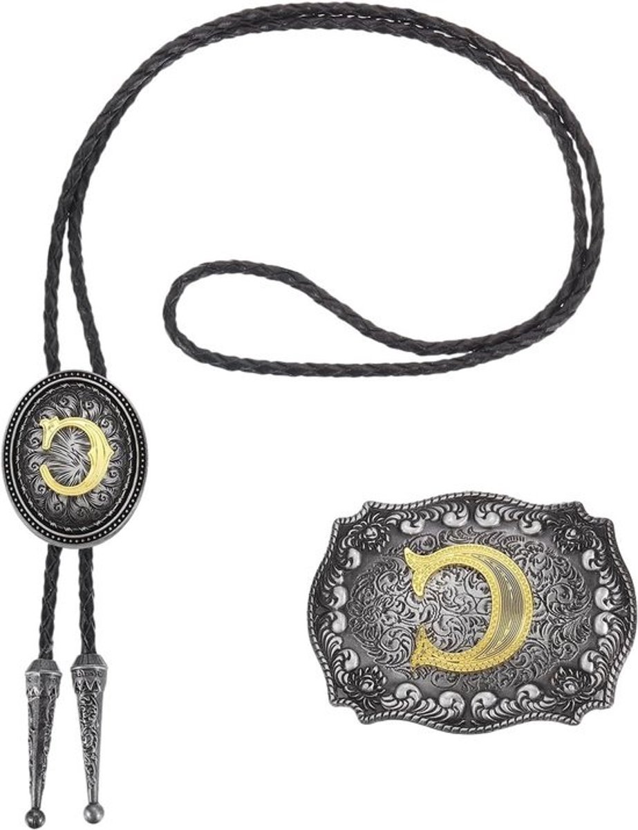 2 stuks Western Cowboy Bolo Tie en riemclip set Initial C Goud Lanyard Koeienleer stropdas voor mannen en vrouwen - Vintage kostuumaccessoires in grijs en zwart/goud