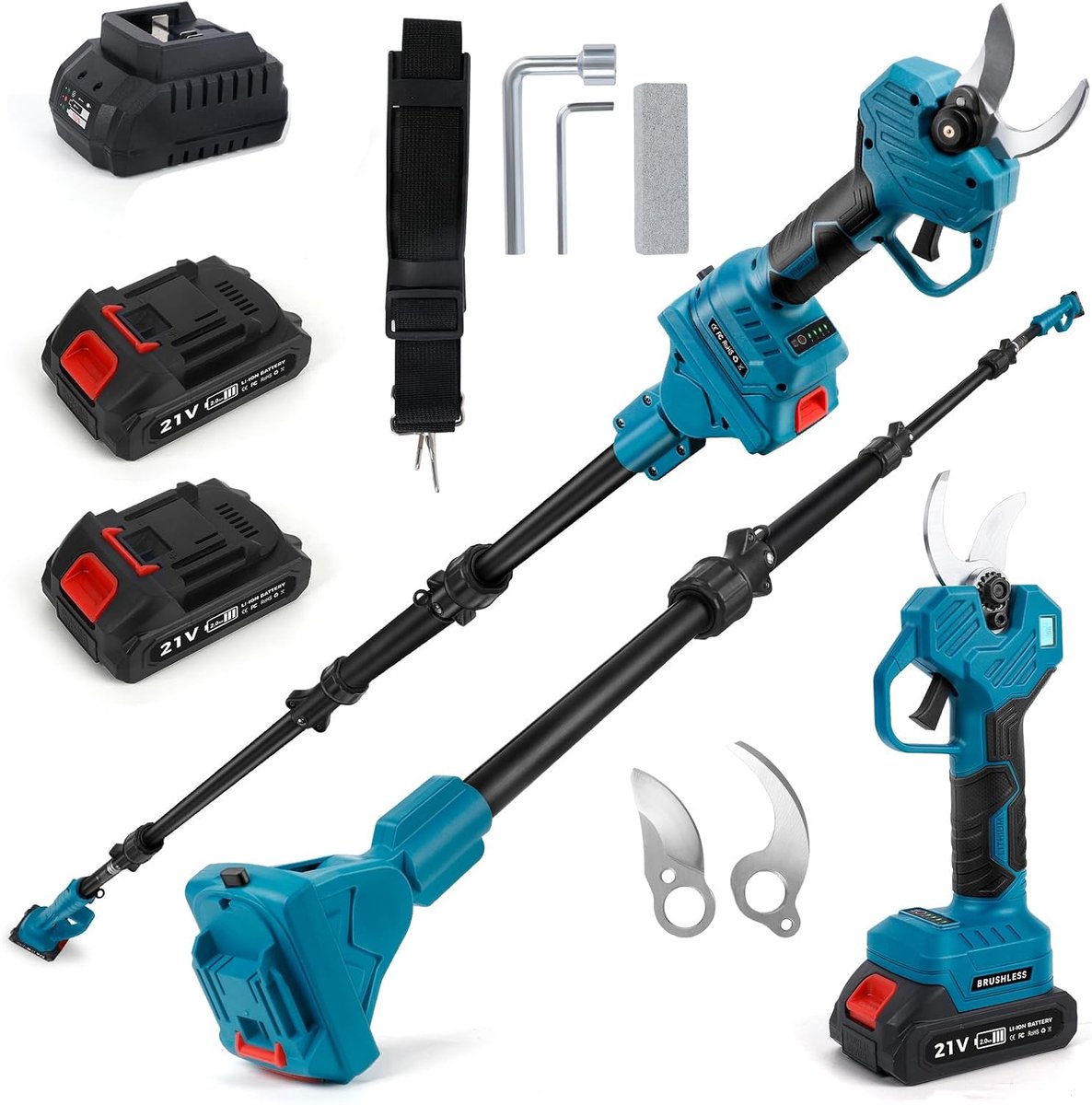 Snoeischaar elektrisch 60 mm - met 2 accu's en verlengbalk - LCD-display - efficiënt snoeien van takken - ShopVlot
