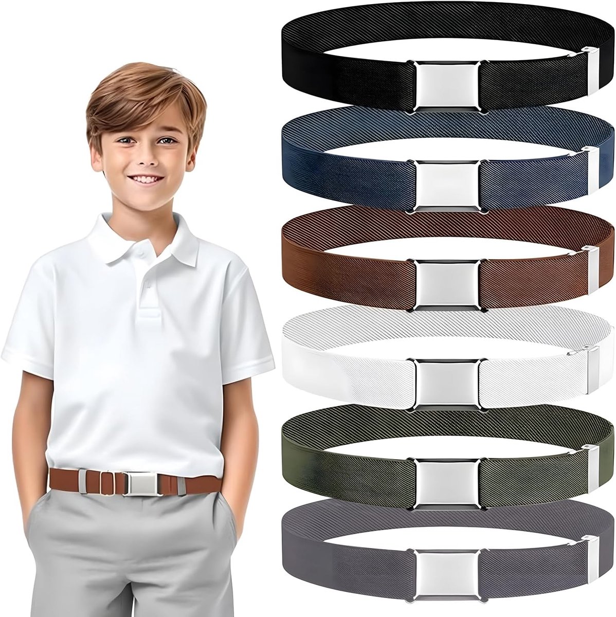 Pack of 6 Children's Belt Elastic Belt Children Adjustable Children's Belt Boys Children's Belt Girls with Square - ShopVlot