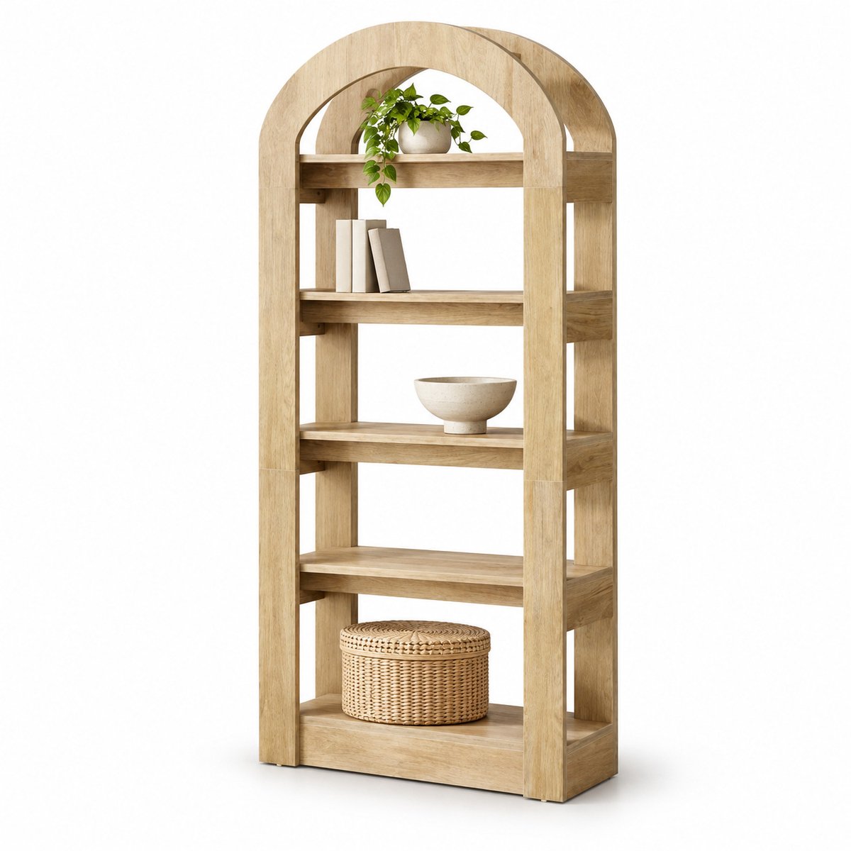 DMG Supply boogvormige boekenkast met 5 niveaus, 80 x 30 x 180 cm, lichte teaklook
