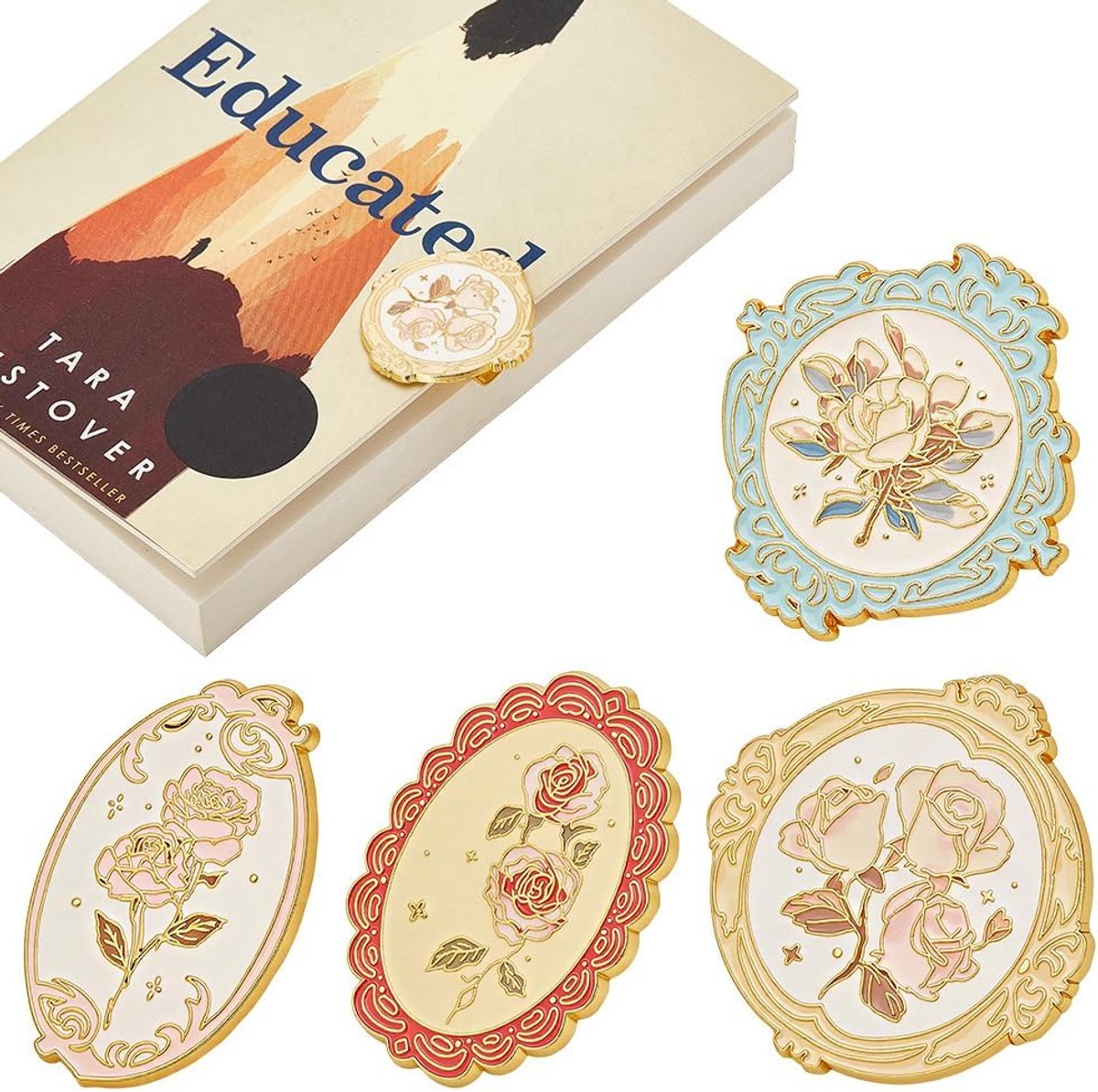 PLIGREAT 4 stijl vintage metalen notitieboekclips, bladwijzers met geschenkdoos, bloemen, notitieboek, bindclips - ShopVlot