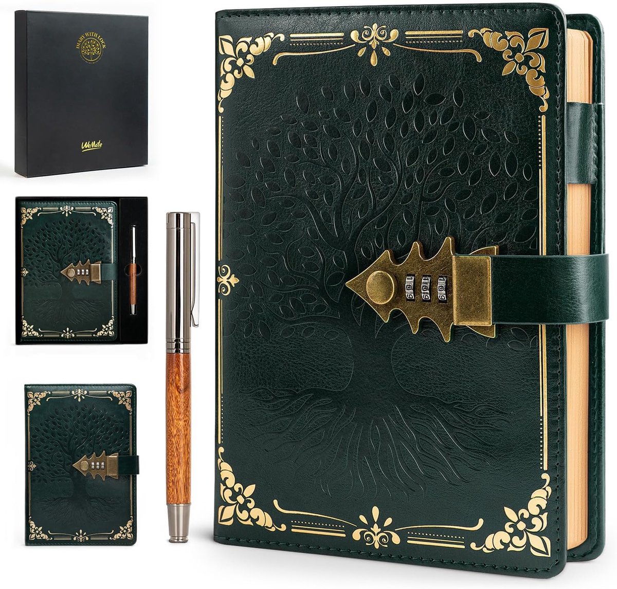 SnelShoppen - Lockable Diary A5 met Vintage Lock, 260 Pagina's, Hardcover Notitieboek, Herbruikbaar, Groene Journal voor Studenten, Mannen en Meisjes