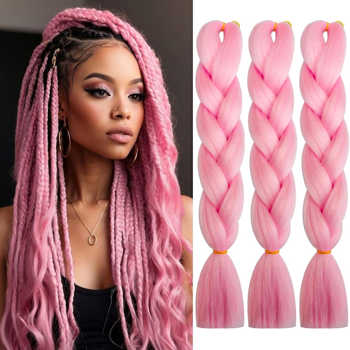 Haarextensies voor het vlechten van gemengde kleuren met eenvoudige synthetische vlechten en jumbo, voorgerekt, Afrikaanse extensies, 61 cm, 3 stuks, roze