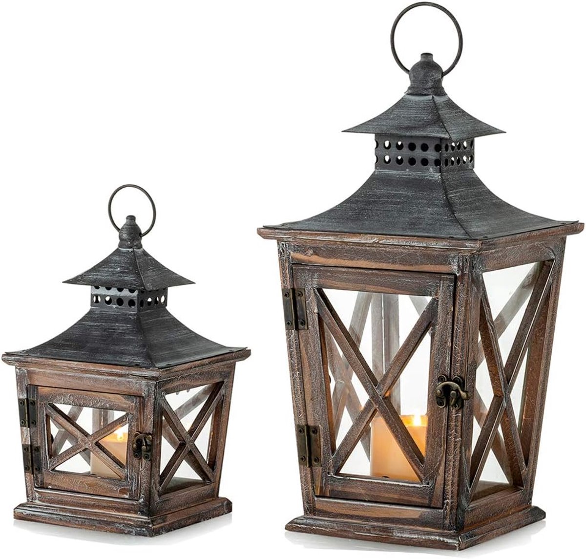 Houten Lantaarns voor Pijlerkaarsen: Set van 2 Decoratieve Hangende Kerstlantaarns Indoor, Verontruste Boerderij Kandelaars Houten Bruiloft Praty Gift Boerderij Woondecoratie (39cm+27cm)
