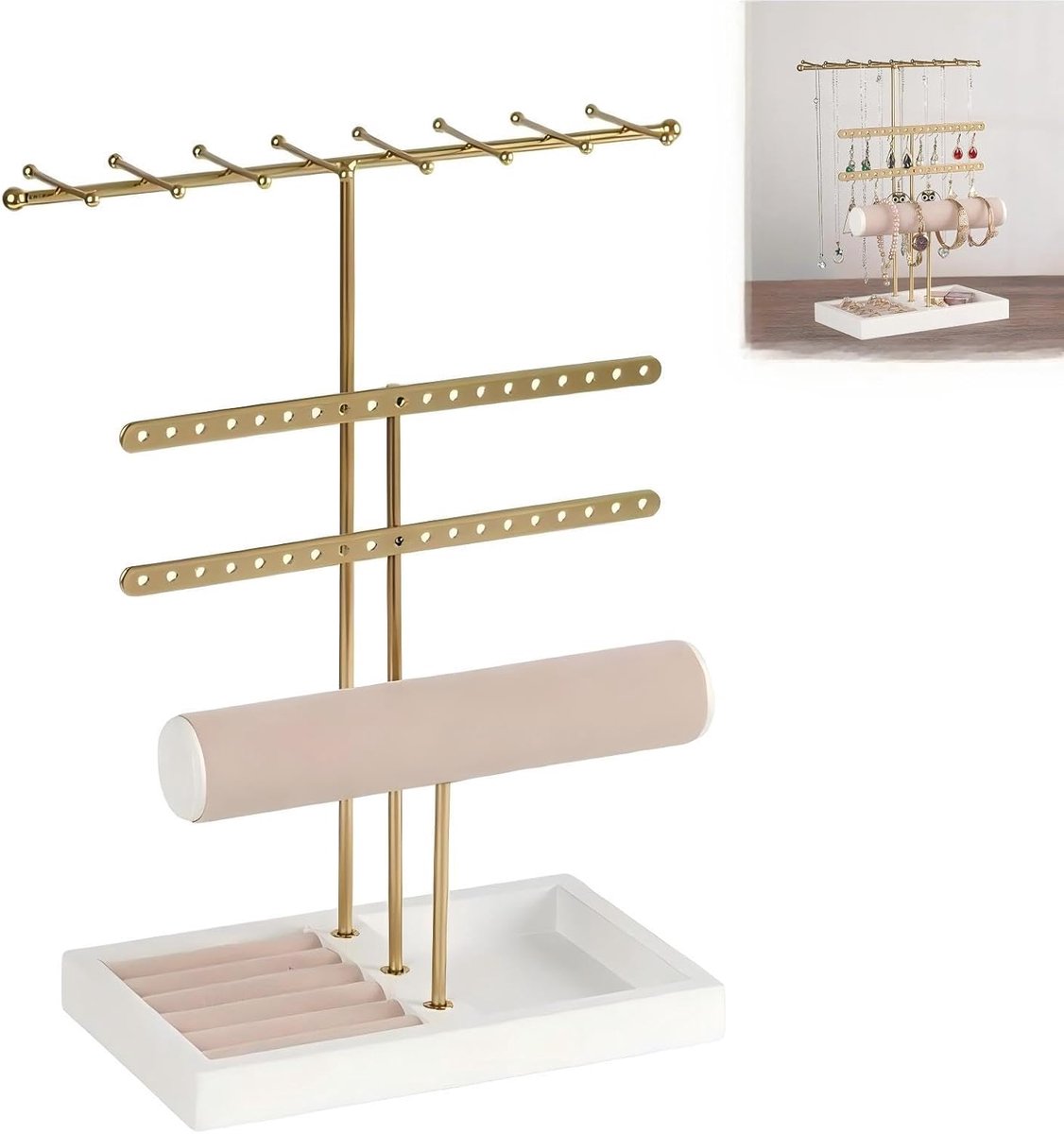 Sieradenorganizer, 4 etages, sieradenstandaard met 16 haken voor halskettingen, 18 gaten voor oorbellen, pluche horloges en armbandhouder, sieradenopslag voor ringen, afneembare sieradenhouder