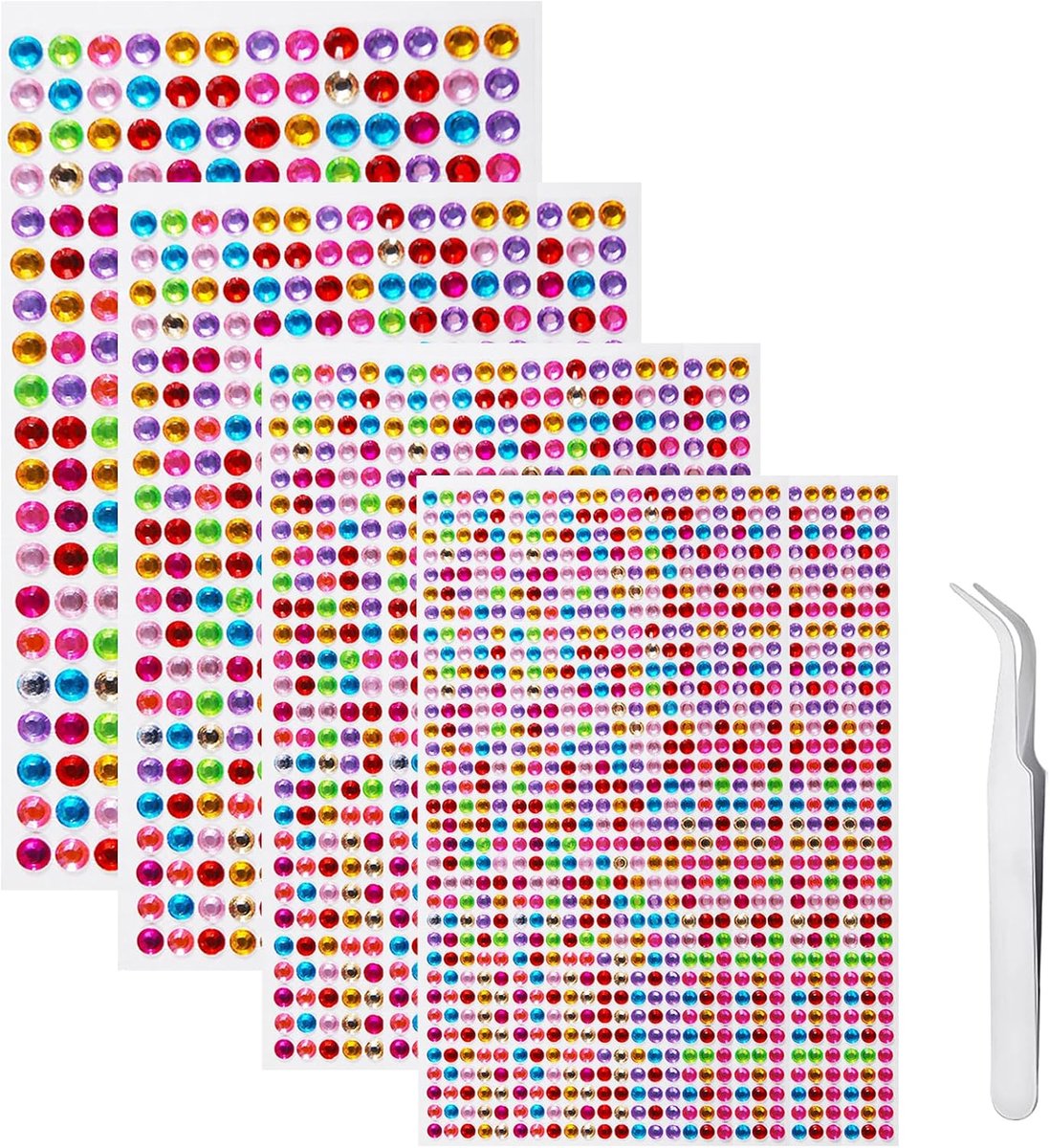 IJiZuo 1792 strass-steentjes voor het versieren van zelfklevende diamanten, verdeeld over 4 vellen, acryldiamantstickers met pincet, diameter 3 - 6 mm, voor knutselwerk, nagels, gezichtskunst