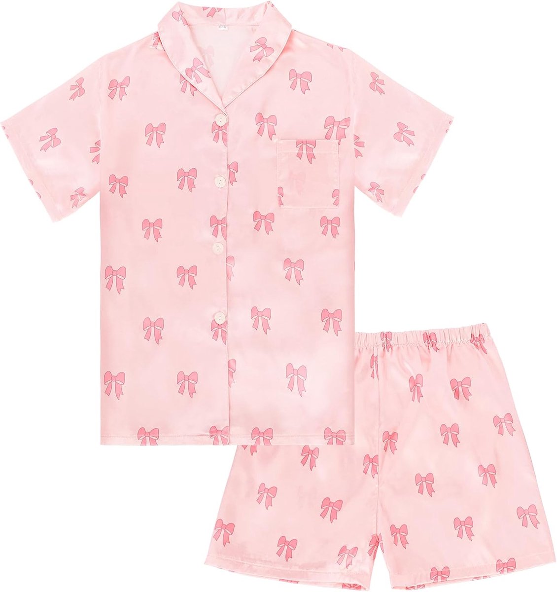 Pyjama Set Satijn, Roze Strikprint – Ruime Kortmouwen Pyjama met Elastische Taille voor Nachtrust & Ontspanning