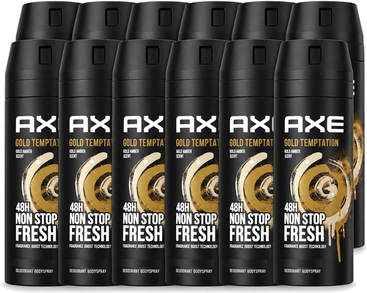 12 x Axe - Deodorant Bodyspray - 48hrs Non Stop Fresh - Gold Temptation - Gold Amber - 150 ml - Voordeelverpakking - 12 stuks