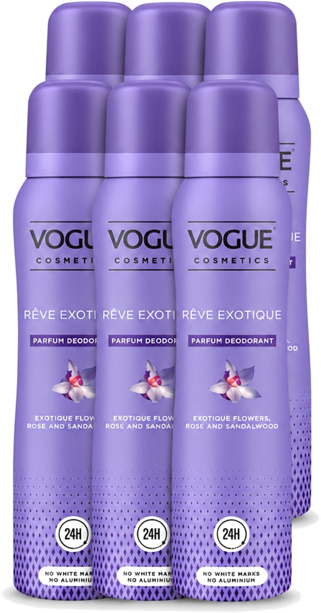 6 x Vogue Cosmetics - Reve Exotique - Parfum Deodorant - 150 ml - Voordeelverpakking - 6 stuks