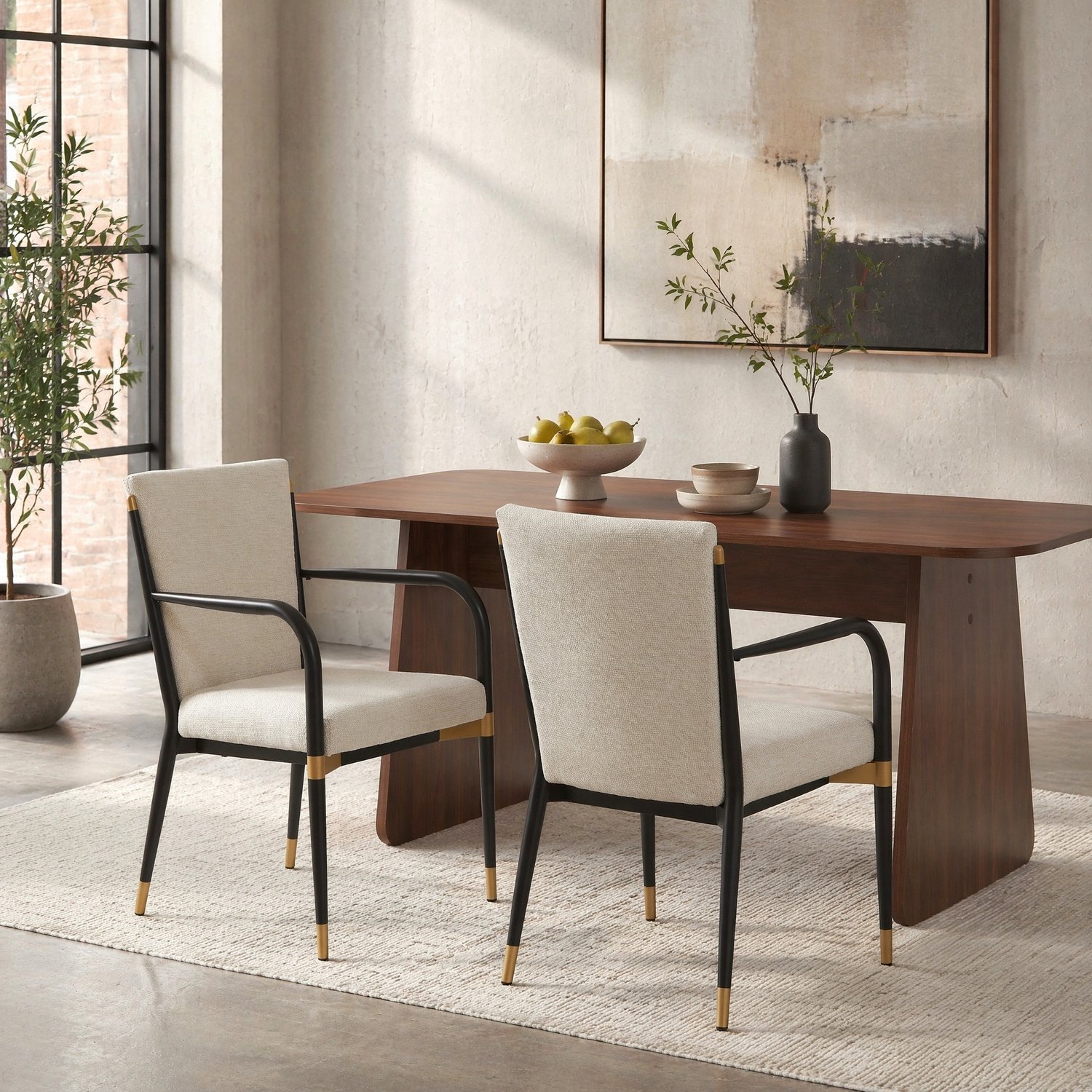 CHICFURN Eetkamerstoel set van 2 57 cm - Gepolsterd - Met armleuningen - Scandinavisch - Stof - Beige