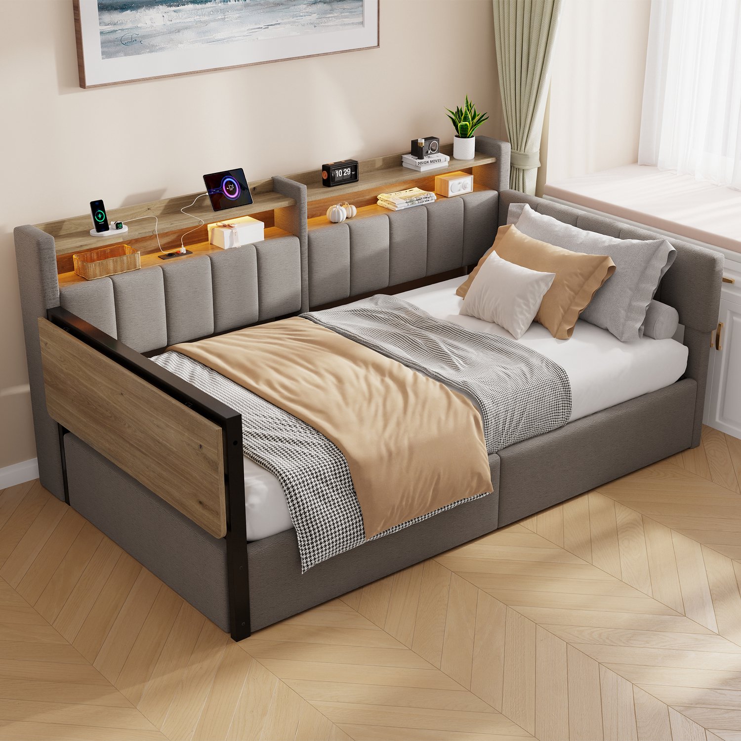 Zubaliya Gestoffeerd dagbed - 90 x 200 cm - Grijs - Opbergbox, klaptafel en LED