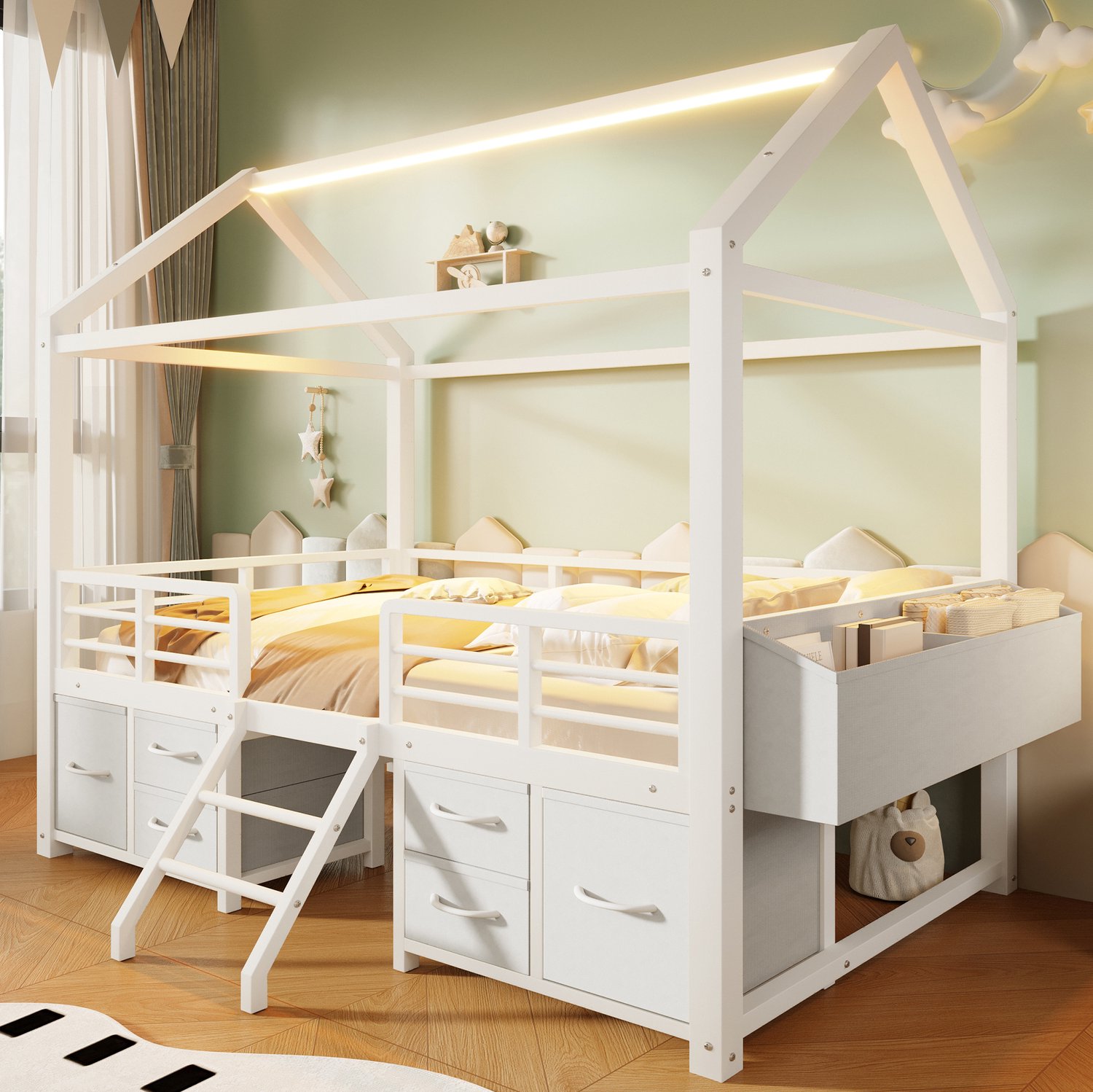 DESMIU Hoogslaper 90 x 200 cm – Huisdak Met Ledverlichting – Stoffen Opberglades – Kinderkamer – Metaal En MDF – Wit – Zonder Matras