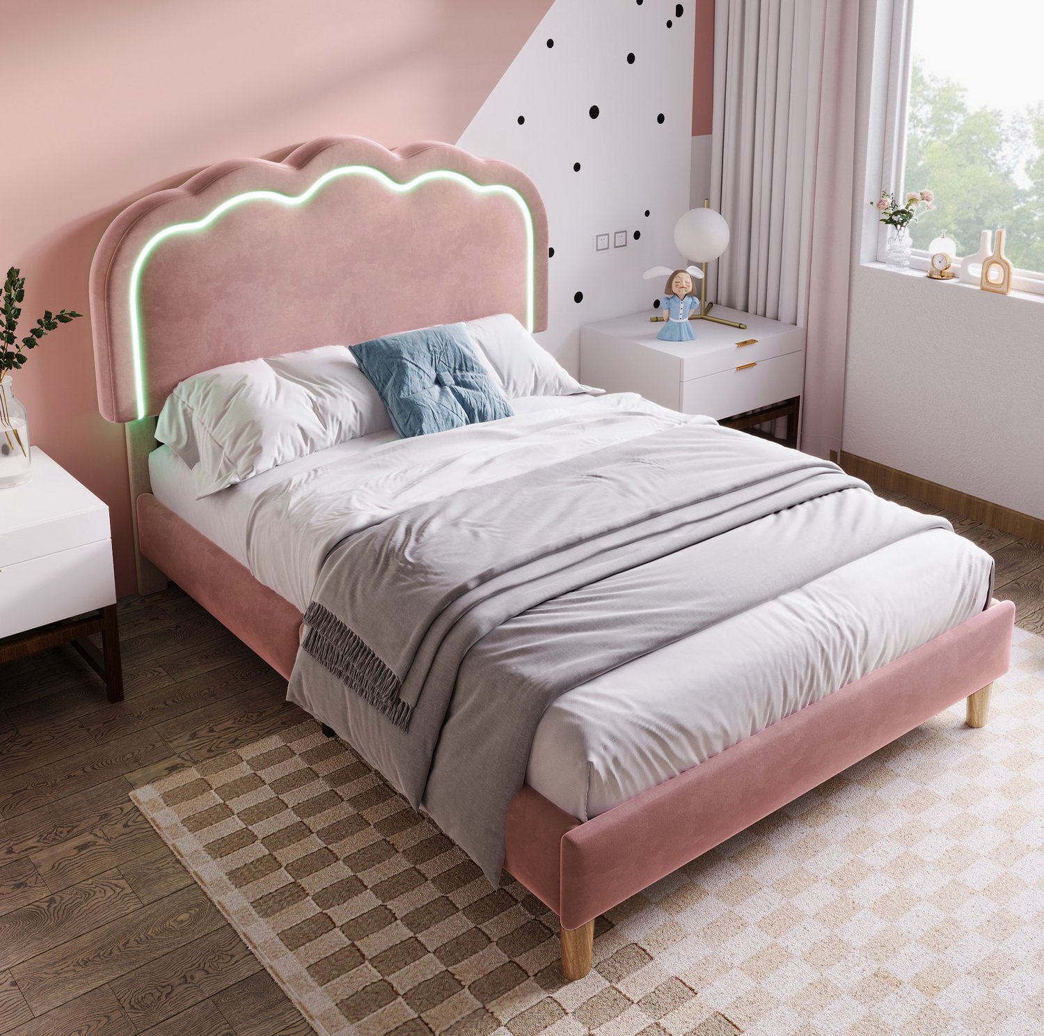 Eenpersoonsbed 90 x 190 cm met LED-hoofdbord, verstelbaar, fluweel, roze