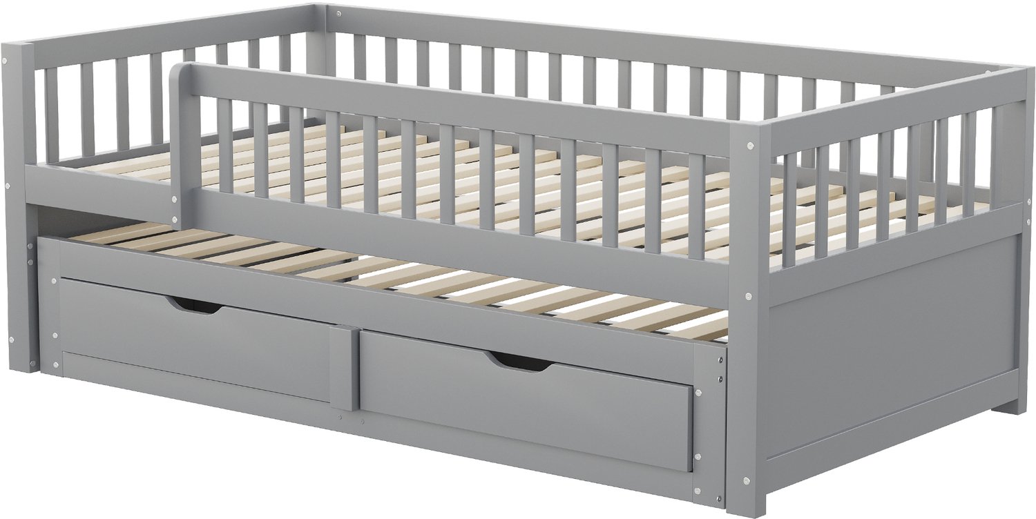 Houten Slaapbank 90x200 cm - Bed Met Uitschuifbed En Twee Lades - Rondom Uitvalbeveiliging - Met Lattenbodems - Grijs Bed Met Logeerbed