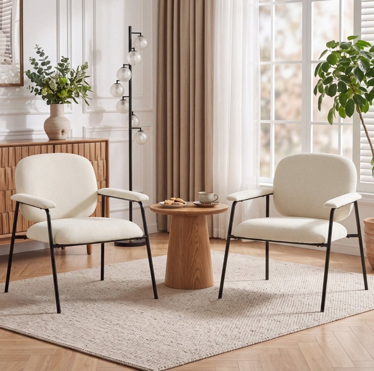 OKWISH Fauteuil - Set Van 2 Met Zachte Chenille Bekleding En Armleuningen - Voor Woonkamer, Slaapkamer Of Kantoor - Metaal - Crème