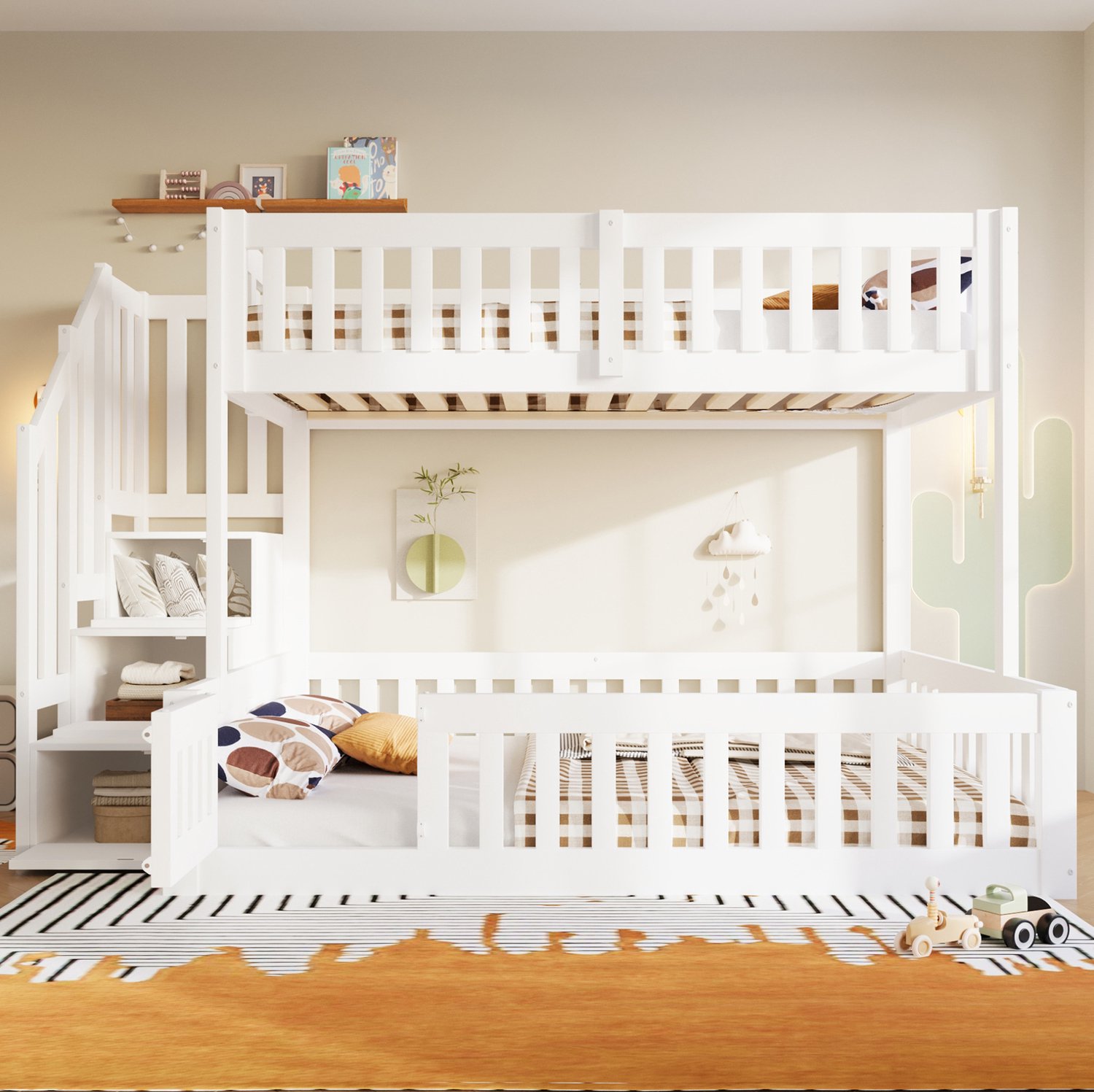 MIVRAY Stapelbed 90x200 en 140x200 cm - Laag Kinderbed Met Trap en Opbergruimte - Zonder Matras - Voor Kinderkamers - Hout en MDF - Wit