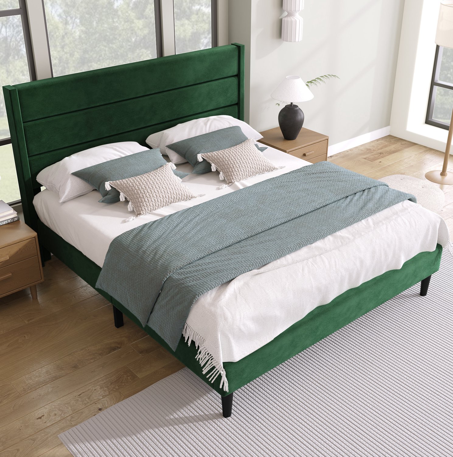 Maisentiel Gestoffeerd tweepersoonsbed 140 x 200 cm met lattenbodem, fluweel, donkergroen