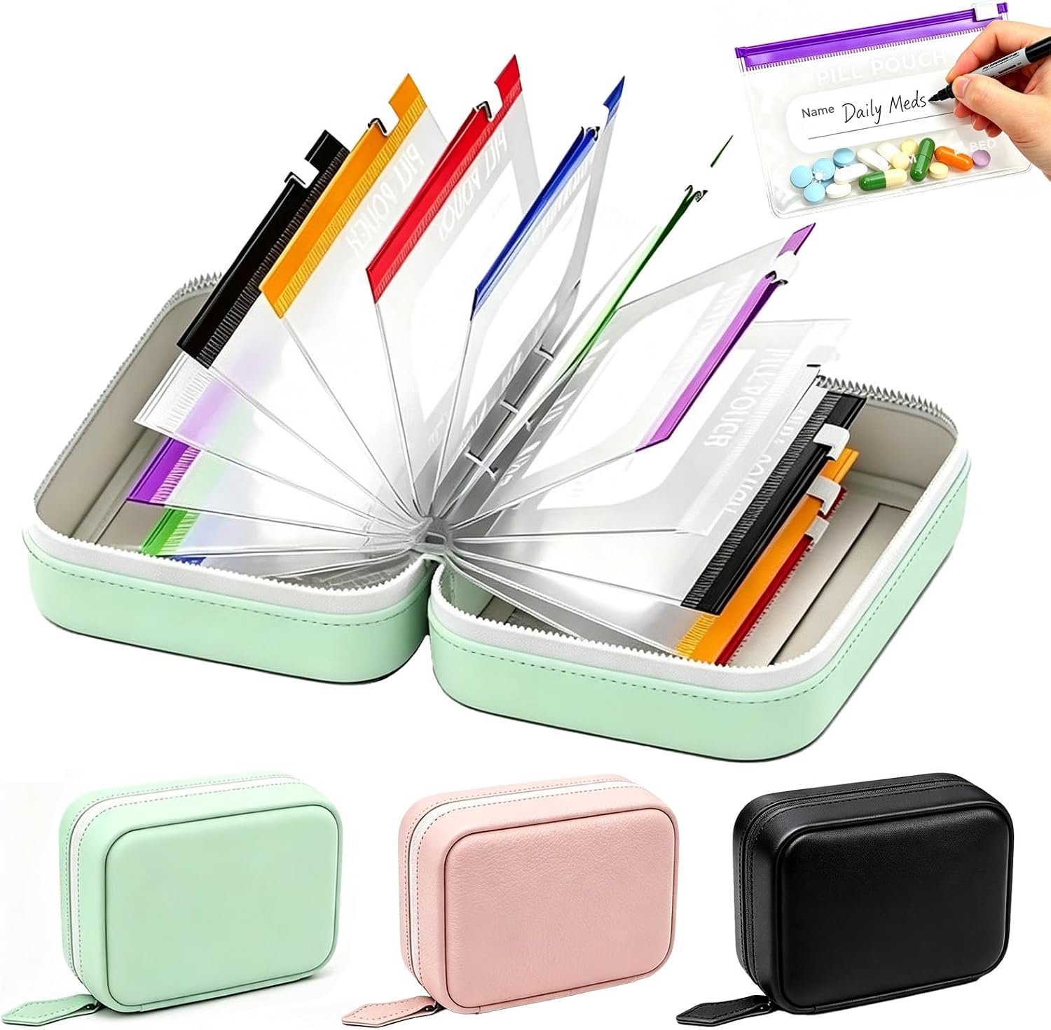 Medicijnbox - Medicijn Organizer - Medicijn Opbergvak - Medicijnopbergdoos - Medicijnkastje - Pillen Planner - Pillendoosje - Medicijnen doosje - Medicijnorganizer - 3 stuks - 14 Uitneembare Zakjes - Waterdicht - Zwart Groen Roze