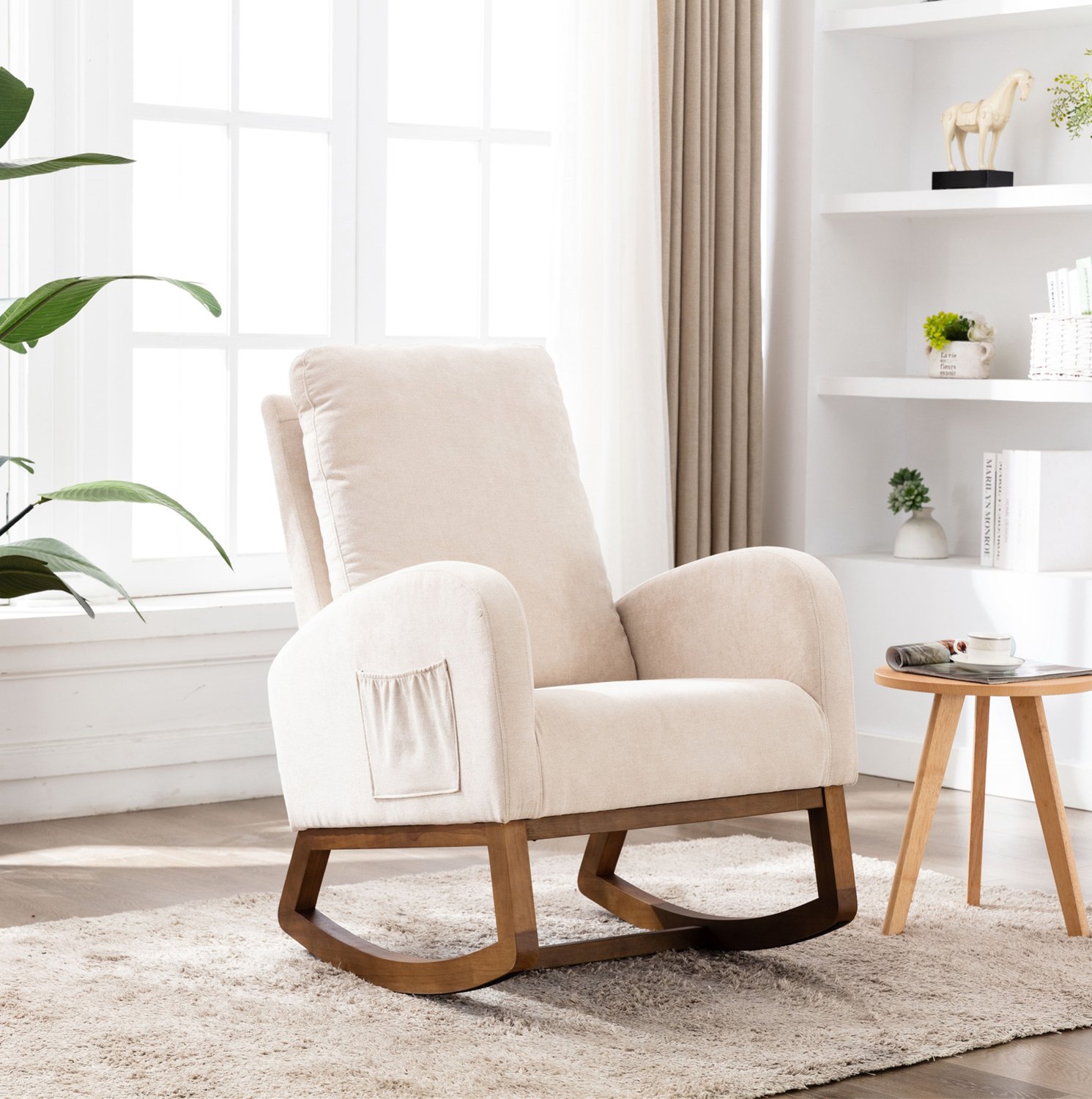 CHICFURN Schommelstoel - Hoge rugleuning - Houten onderstel - Beige