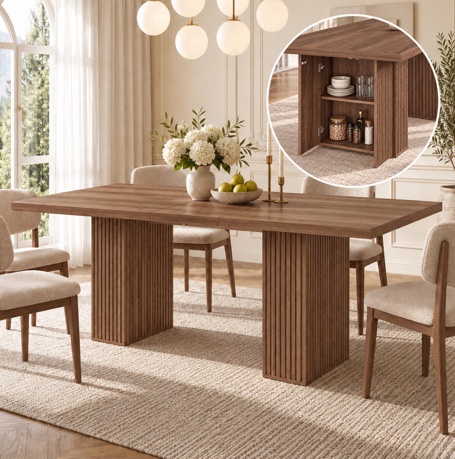 MIVRAY Uitschuifbare Eettafel - Opbergruimte Met Verlengblad - Voor 6 Tot 8 Personen - MDF Walnootkleur - 150 Tot 190 X 90 X 75 Cm