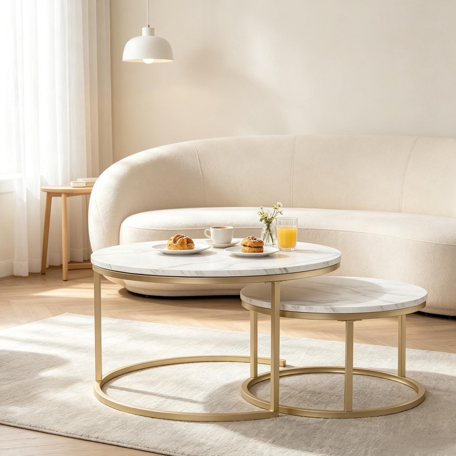 MIVRAY Salontafel - Moderne Set Van Twee Nesttafels Met Marmerlook - Voor Woonkamer - Metaal En MDF - Wit - 80 x 80 x 45 Cm