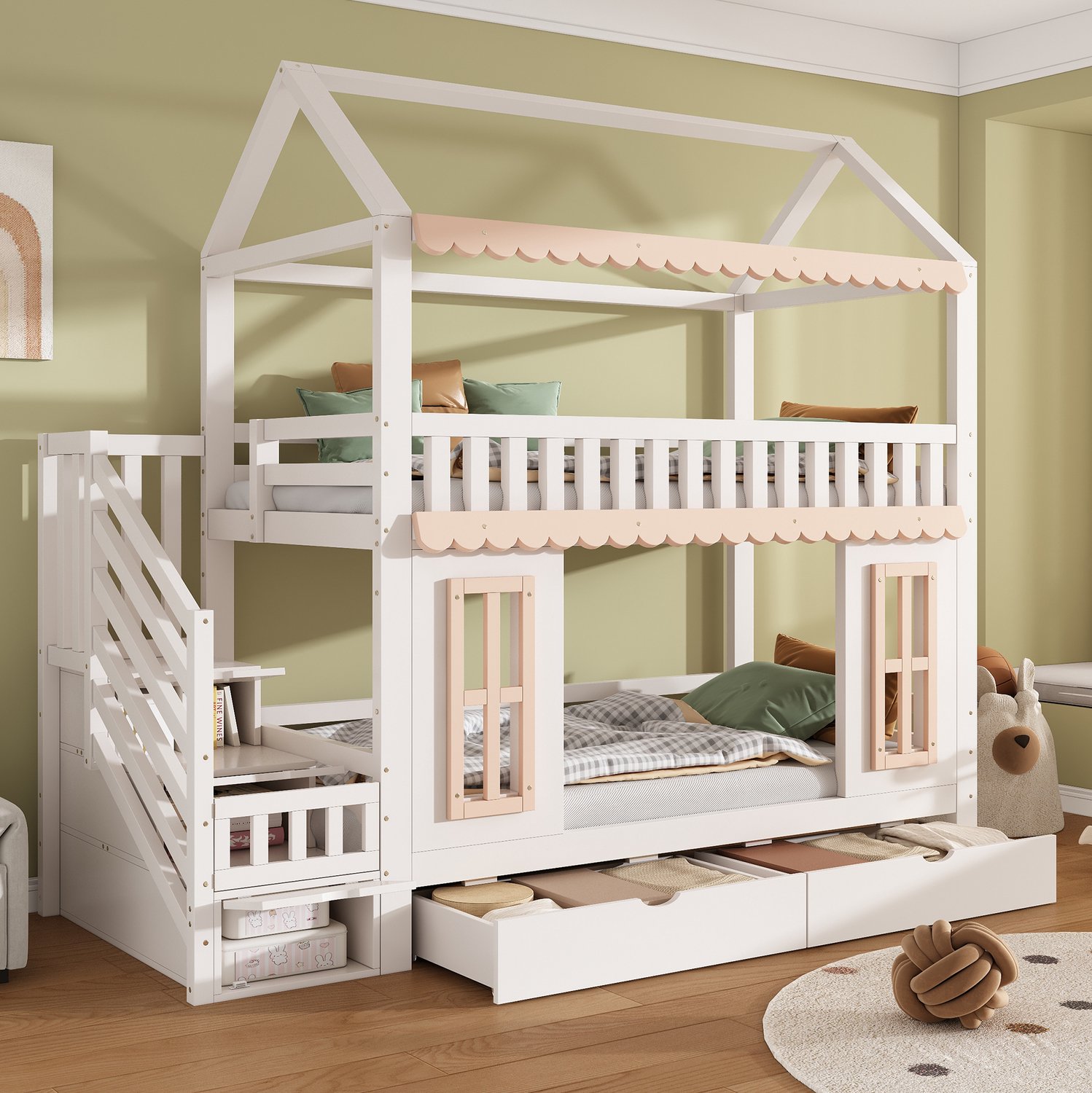 WUVRIE Stapelbed 90x200 cm - Huisvorm met opbergladder en 2 lades - Wit/naturel