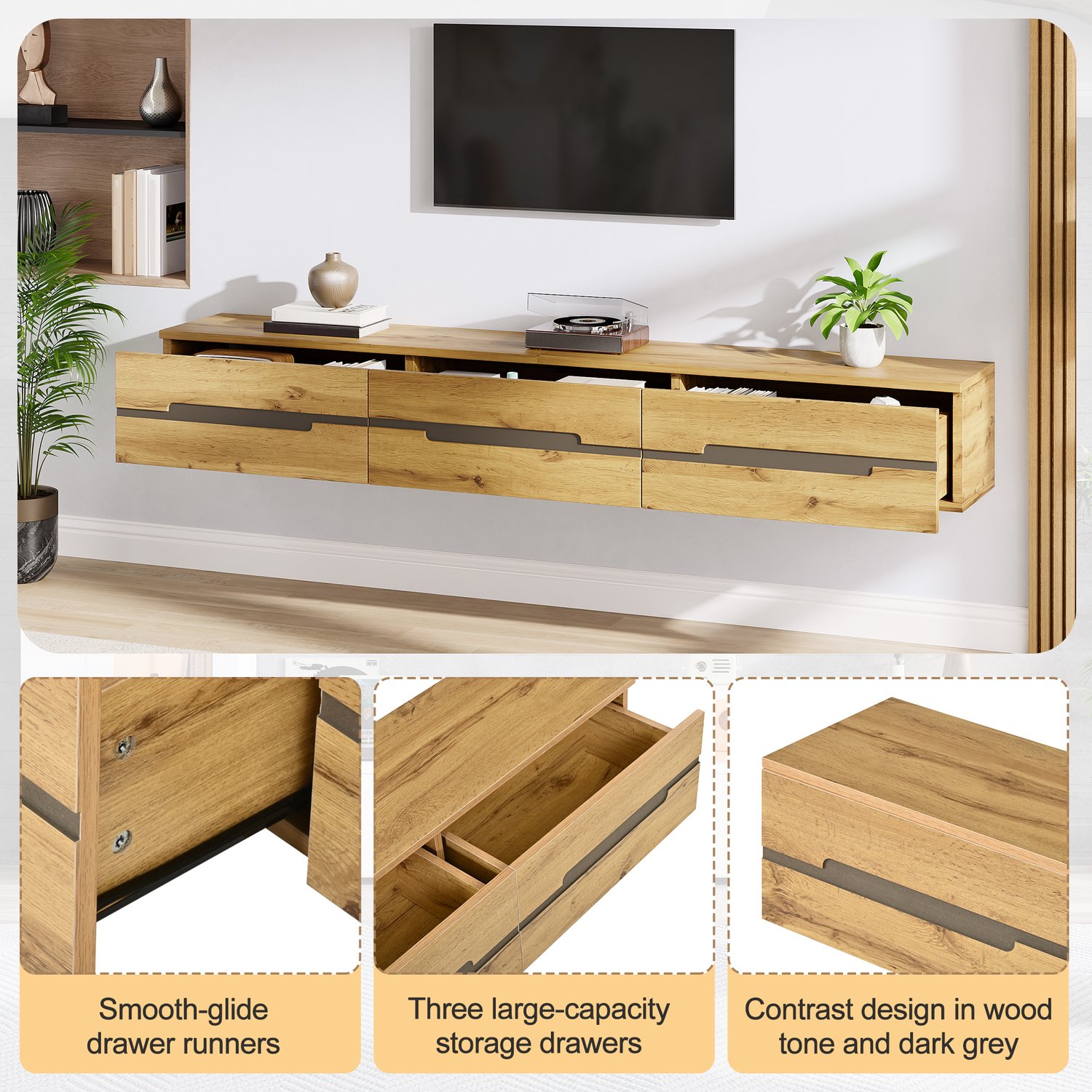 COVREO Wand-tv-meubel met 3 lades – Zwevend wandboard met inbouwgreep – Opbergkast woonkamer – 160 x 30 x 25,5 cm – Naturel Natuurlijk